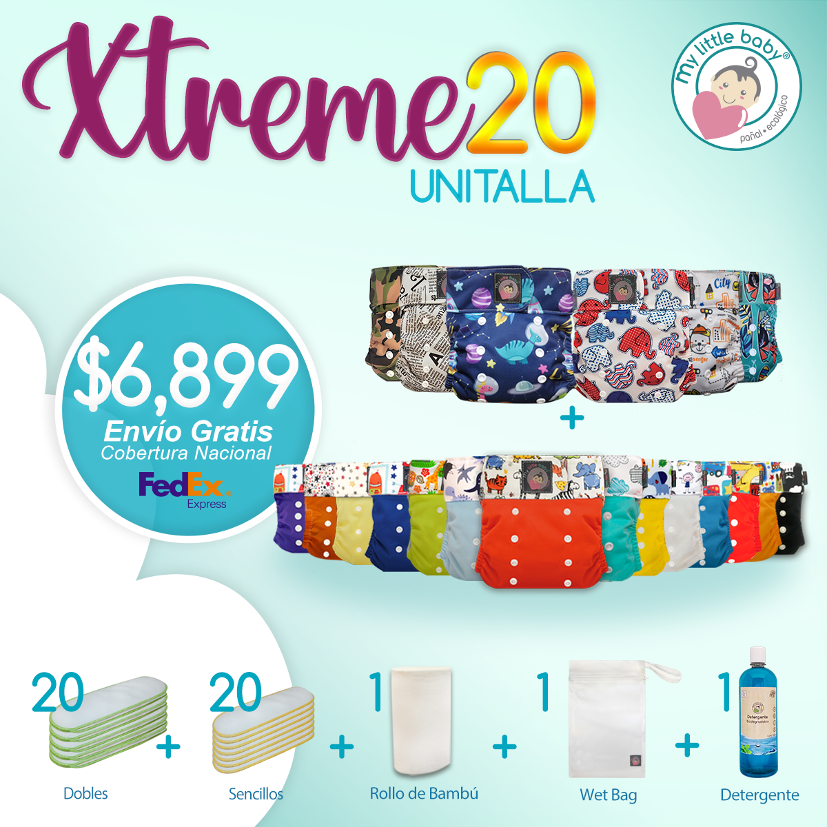 Paquete de 20 pañales y accesorios
